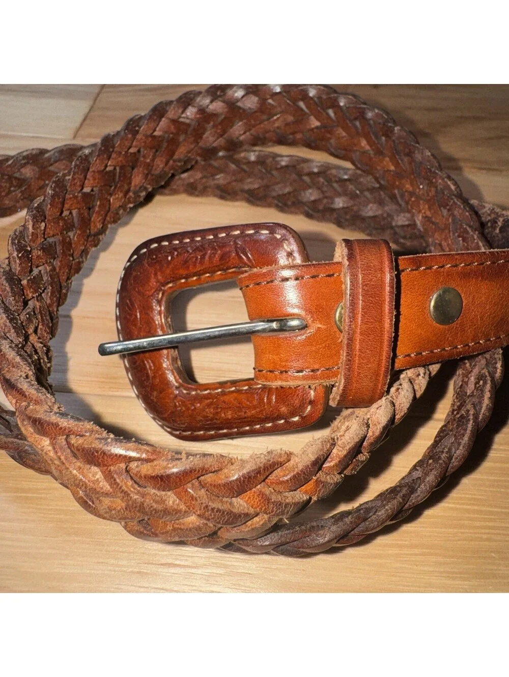 Vintage Leegin Braided Leather Belt Western Tooled Buckle Brown Size L 35”
